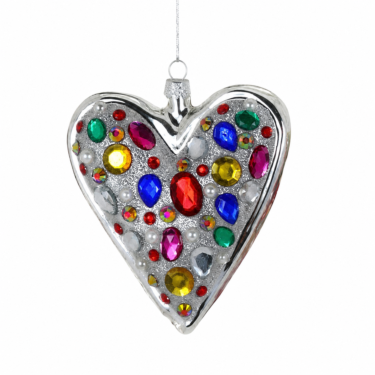 Cody Foster Jewel Encrusted Silver Heart Ornament | 3.75 Inch Glass