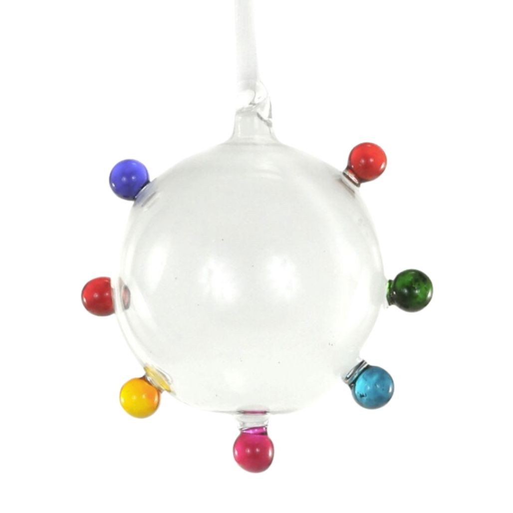 Clear glass bauble ornament with multicolor raised dot accents.
Round dotty Christmas ornament with red, blue, green, yellow, and pink details.
Glass Dotty Bauble Multi ornament hanging from a white ribbon.