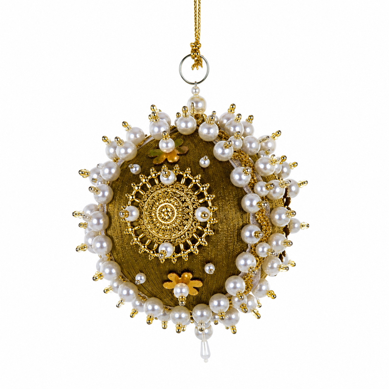 Cody Foster Dark Green Pearled Satin Bauble Ornament | 3.5 Inch Sequin