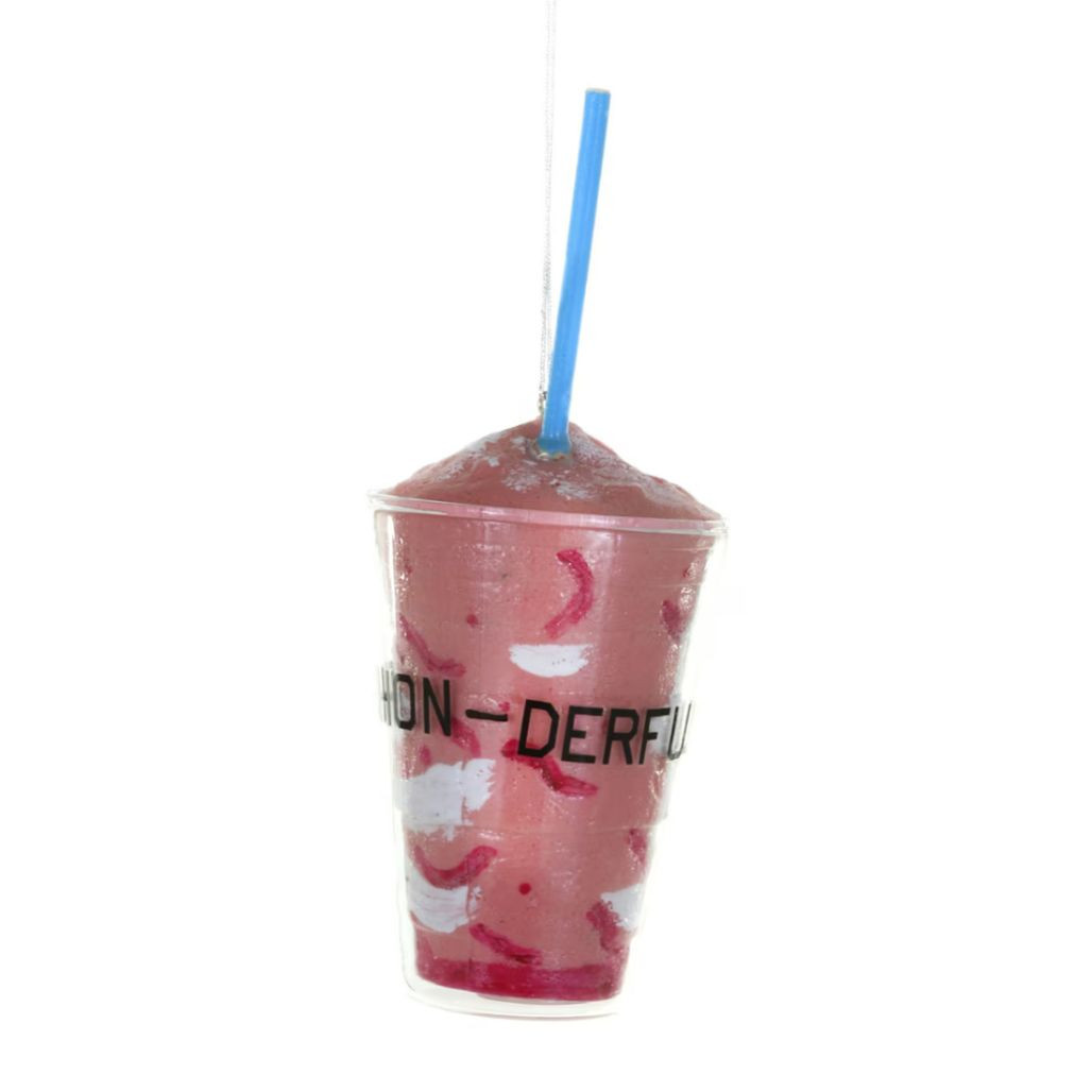 Glass strawberry smoothie ornament with pink drink, clear cup, red fruit details, and blue straw.
Food-themed Christmas ornament shaped like a tall smoothie cup with hanging cord.
LA Strawberry Smoothie glass ornament measuring 2.75 x 2.75 x 6.5 inches.