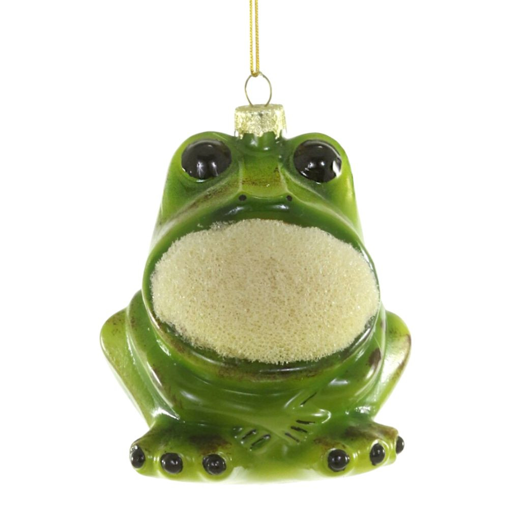 Glass kitchen frog sponge ornament with green frog body, black eyes, and textured sponge belly.
Playful frog Christmas ornament hanging from a gold cord with glossy glass finish.
Kitchen Frog Sponge glass ornament measuring 2.75 x 3 x 3.5 inches.