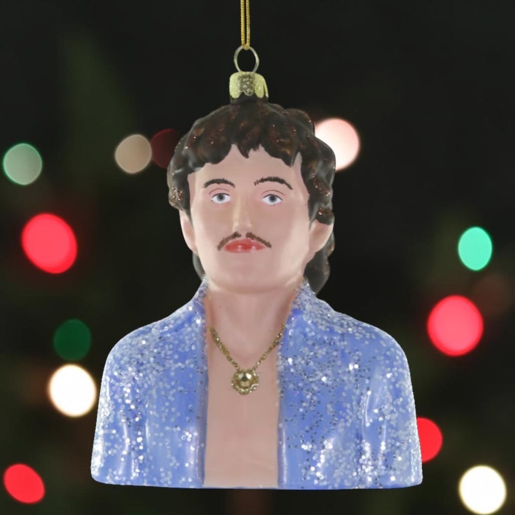Benson Boone glass ornament with portrait-style face and dark hair.
Hanging glass figure ornament wearing a glittery light blue jacket.
Portrait-style glass ornament measuring 3.5 x 2 x 4 inches.