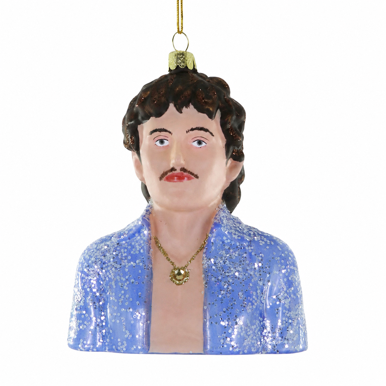 Benson Boone glass ornament with portrait-style face and dark hair.
Hanging glass figure ornament wearing a glittery light blue jacket.