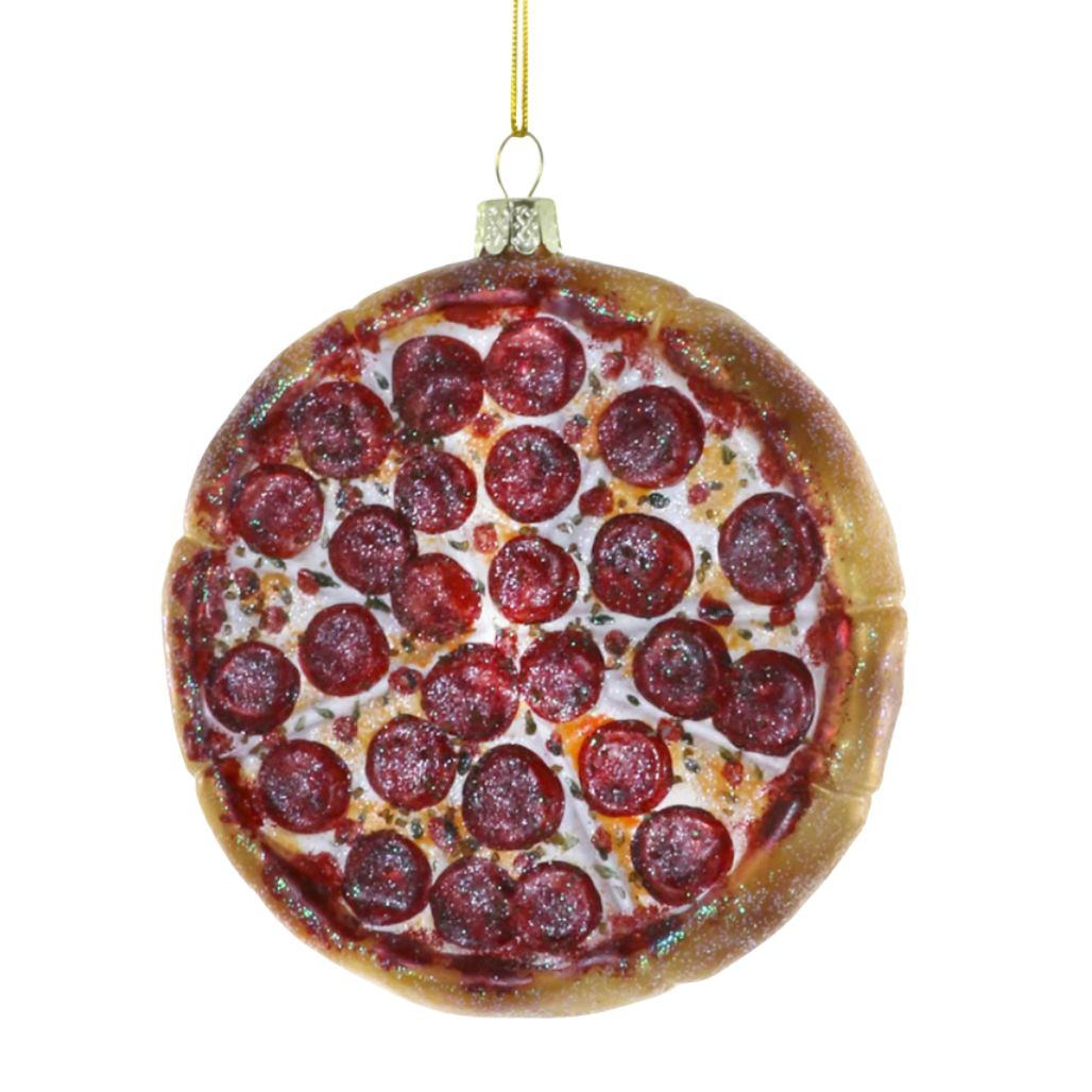 Pepperoni pizza glass Christmas ornament with red pepperoni, cheese, sauce, and glittered crust.
Round food-themed ornament with gold hanging cord and silver ornament cap.
4 x 1 x 4 inch glass pizza ornament for Christmas tree décor.