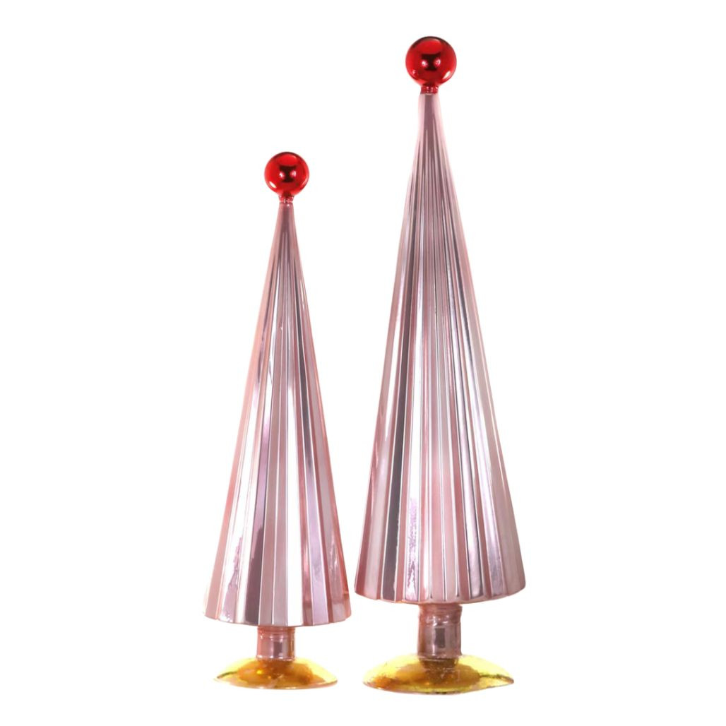 Set of two pink pleated glass Christmas trees with red ball toppers.
Large glossy cone-shaped glass trees with vertical ribbing and pedestal bases.
Decorative Pink Red glass tree set ranging from 18 to 21.75 inches.