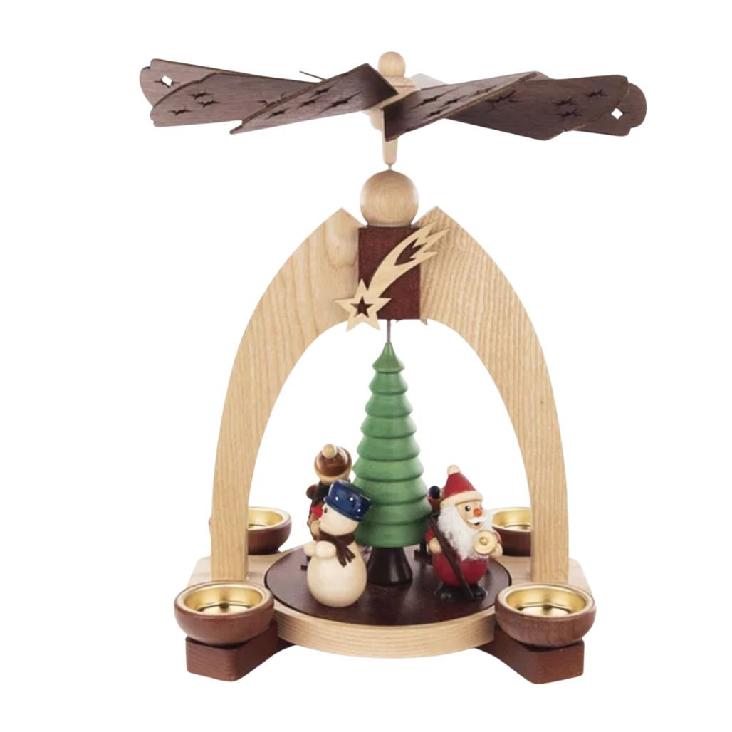Wood Christmas pyramid with Santa Claus, snowman, and green tree
Dregeno natural wood pyramid with four tealight candle holders
German Christmas pyramid with top fan and holiday figures