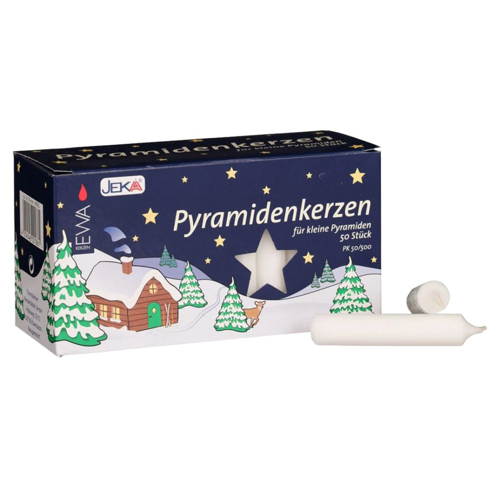 Box of  white pyramid candles with winter cabin artwork
Medium white wax candle shown beside pyramid candle box
German-made white pyramid candles sold in a box of 50