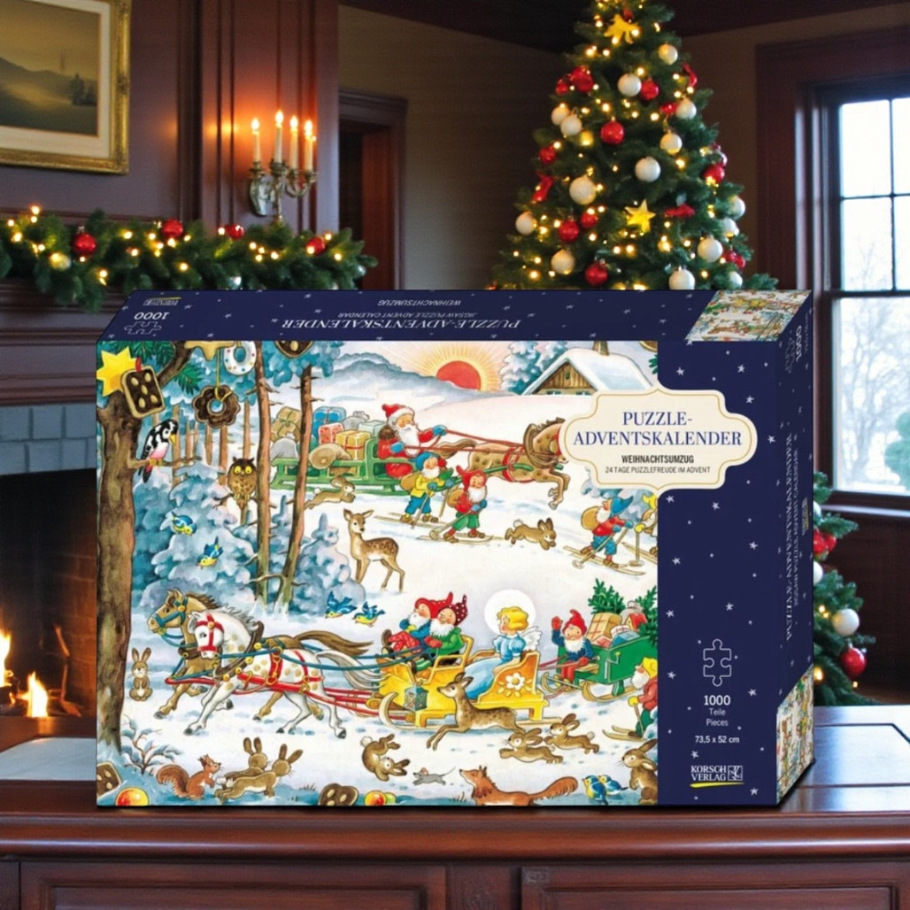 Puzzle Advent Calendar box with Santa sleigh Christmas artwork
Cardboard Advent puzzle calendar with 24 numbered boxes
German-made Christmas jigsaw puzzle Advent calendar for puzzle lovers