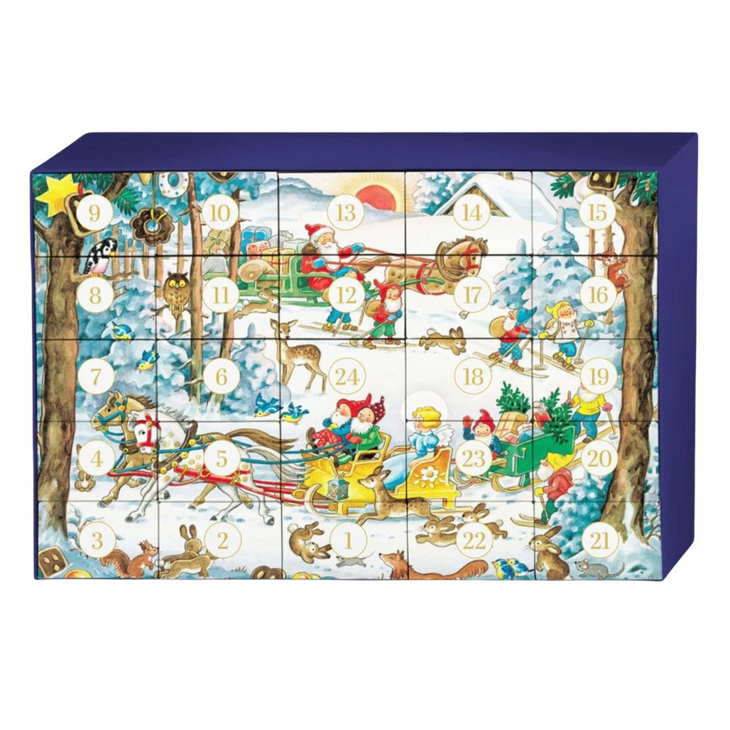 Puzzle Advent Calendar box with Santa sleigh Christmas artwork
Cardboard Advent puzzle calendar with 24 numbered boxes
German-made Christmas jigsaw puzzle Advent calendar for puzzle lovers