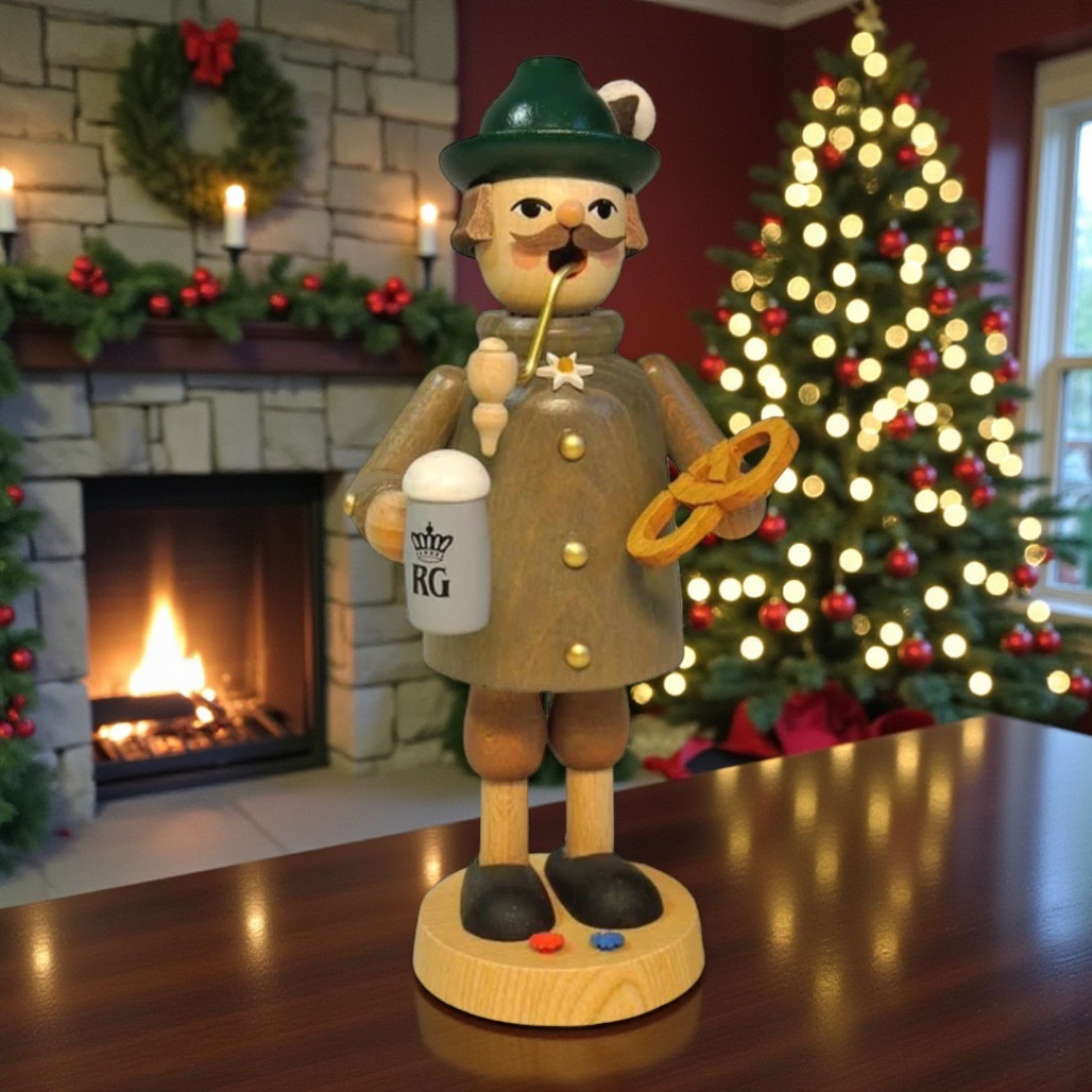 Wooden Bavarian incense burner figure holding a mug and pretzel.
Richard Glaesser smoker with green hat, tan coat, and round base.
7.25-inch wood German Christmas smoker made in Germany.