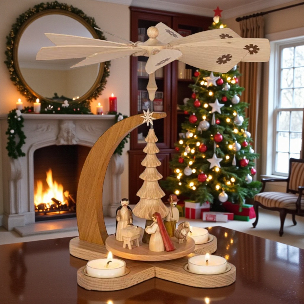 Natural wood Christmas pyramid with Nativity scene and tealight holders.
Richard Glaesser German pyramid with Holy Family, tree, shepherds, and fan.
11-inch wooden tealight pyramid made in Germany.