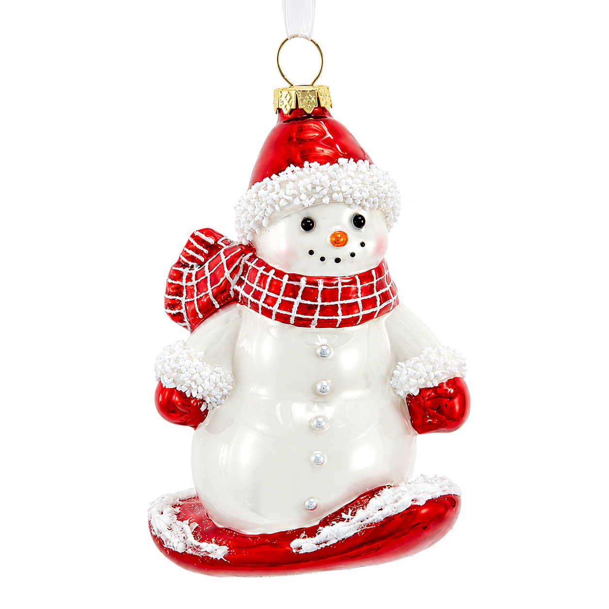 Kurt Adler Glass Snowman On Red Snowboard Ornament