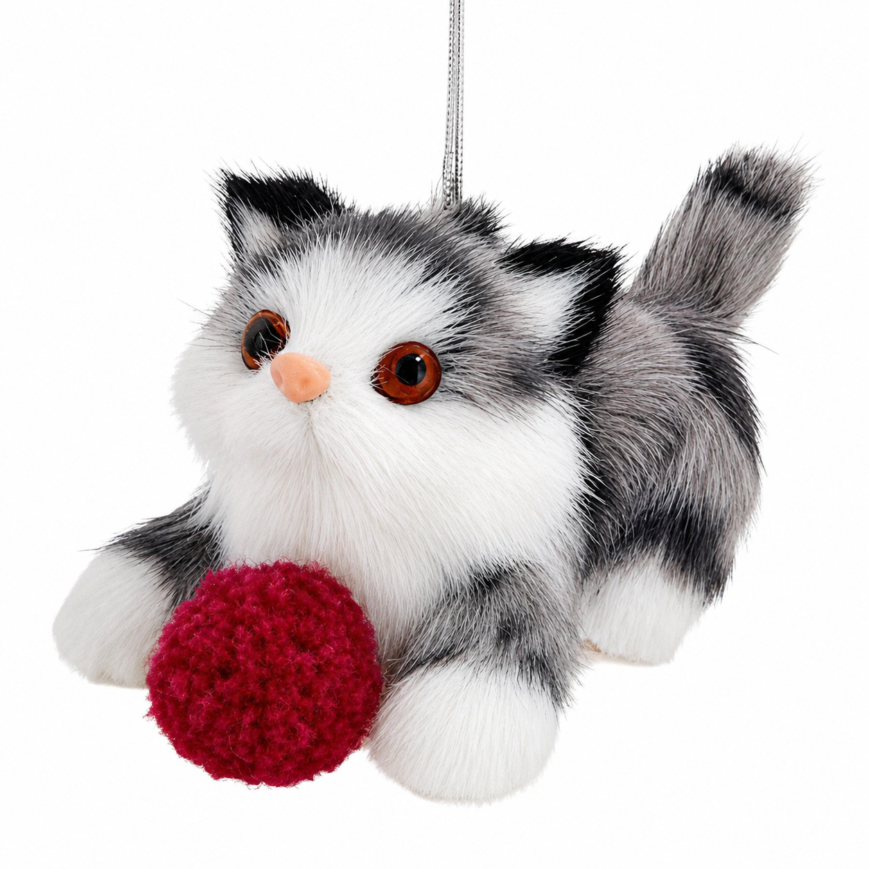 Kurt Adler Grey Furry Cat With Yarn Ornament