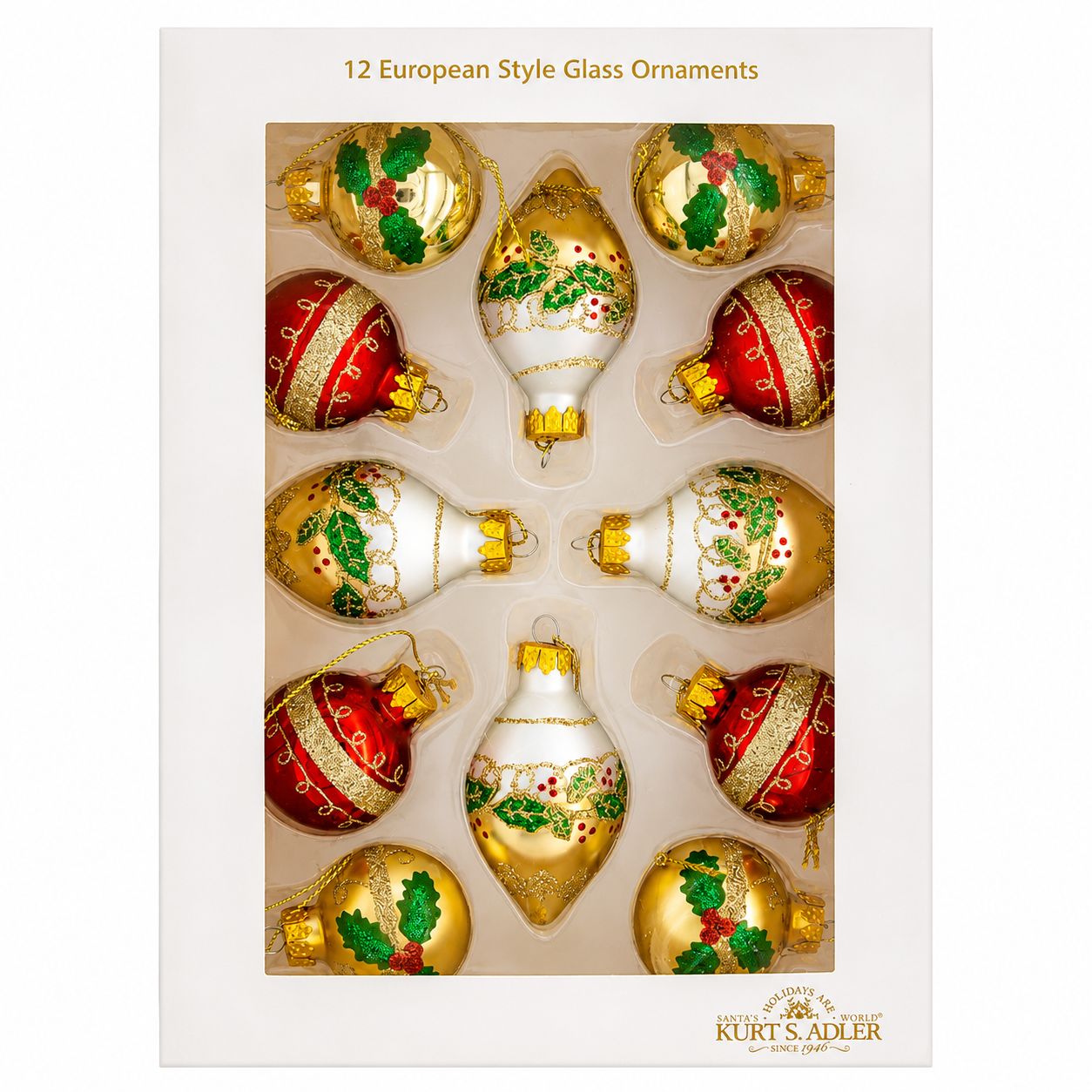 Kurt Adler Gold, Green & Red Glass Ornament Set of 12