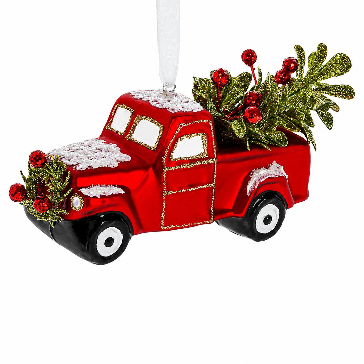Vintage Red Christmas Truck Glass Ornament
