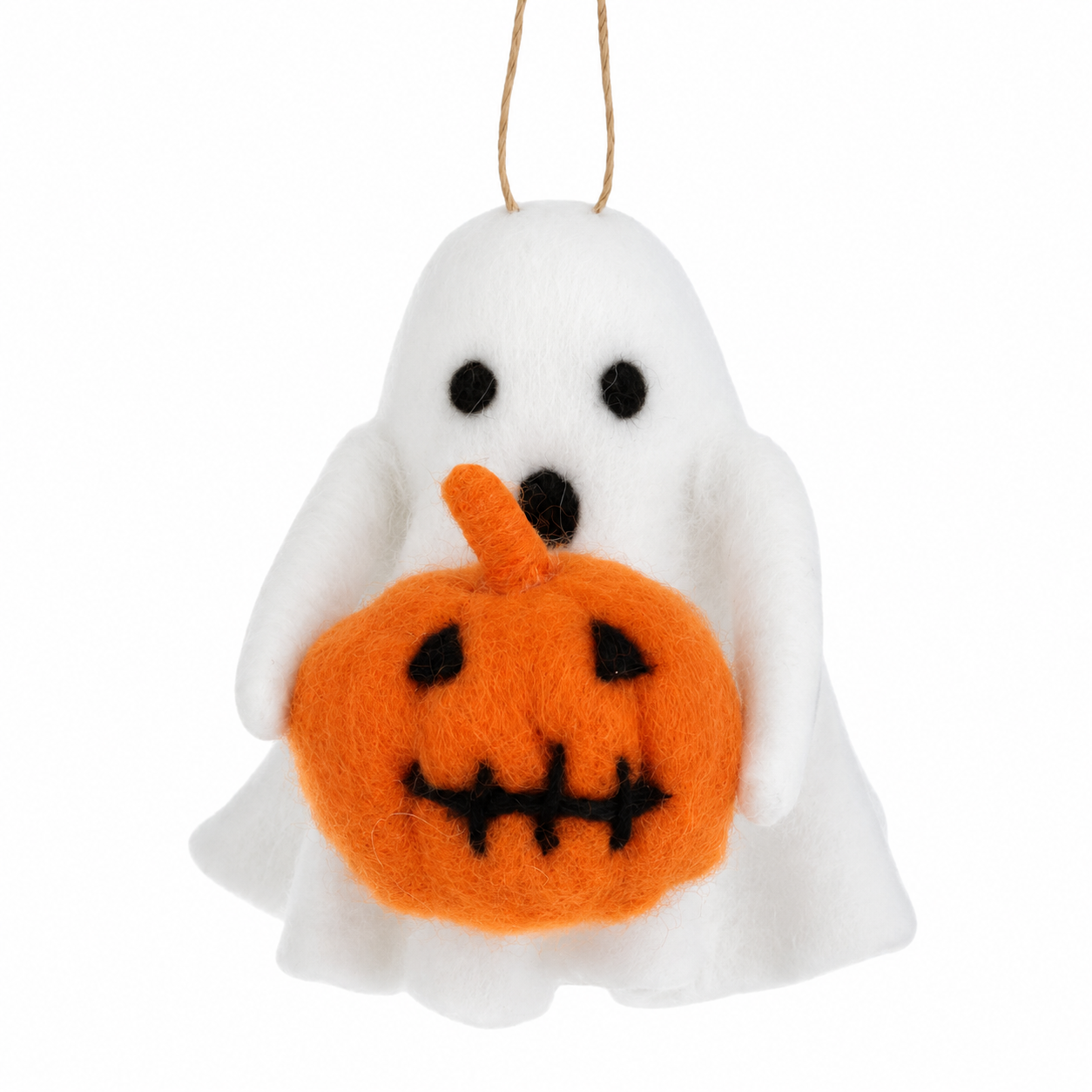 Handcrafted Felt Ghost and Pumpkin With Stitched Smile Ornament
