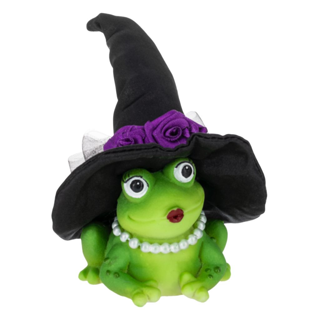 Frog with Black Witch Hat Figurine