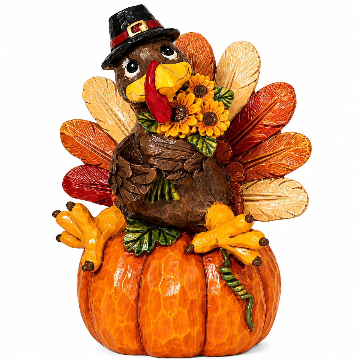 Harvest Turkey with Flowers on Pumpkin Figurine