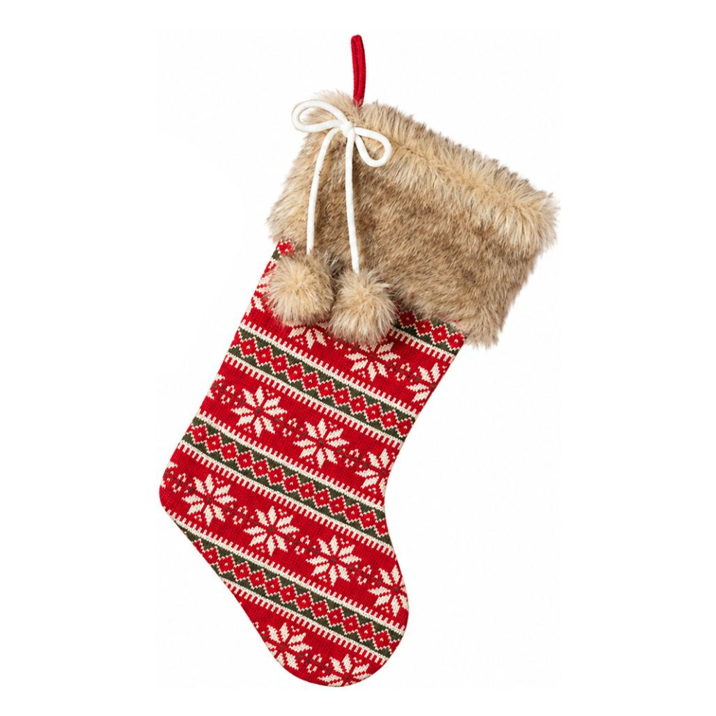 Red Fair Isle Christmas Stocking with Faux Fur Cuff