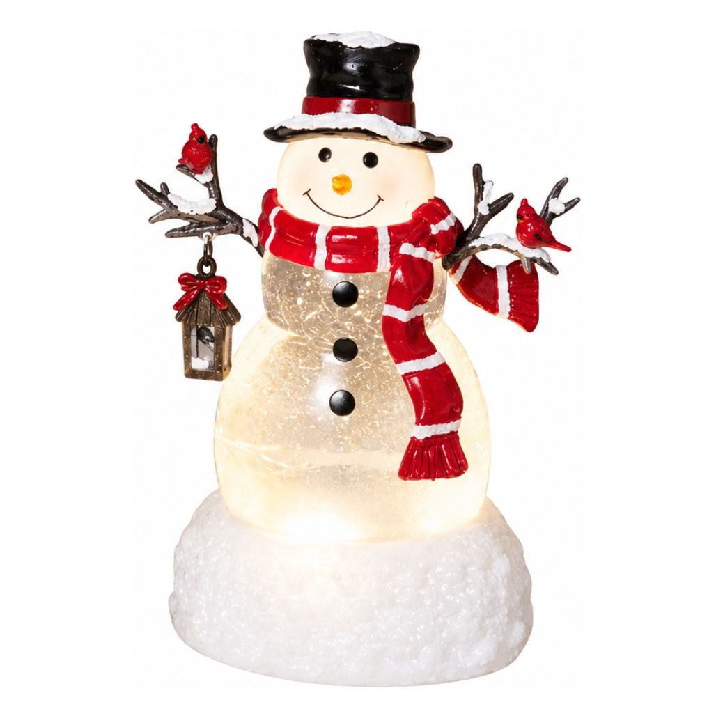 Lighted Cardinal Top Hat Snowman Spinning Water Globe