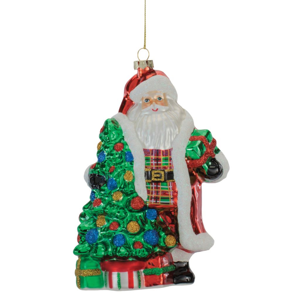 Santa with Christmas Tree Glass Ornament