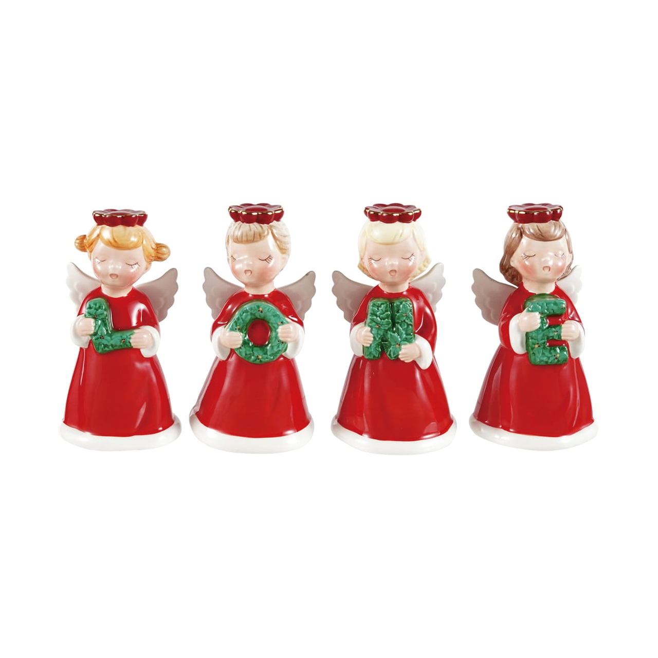 Vintage Noel Angel Figurines with Letter Wreaths - Set of 4