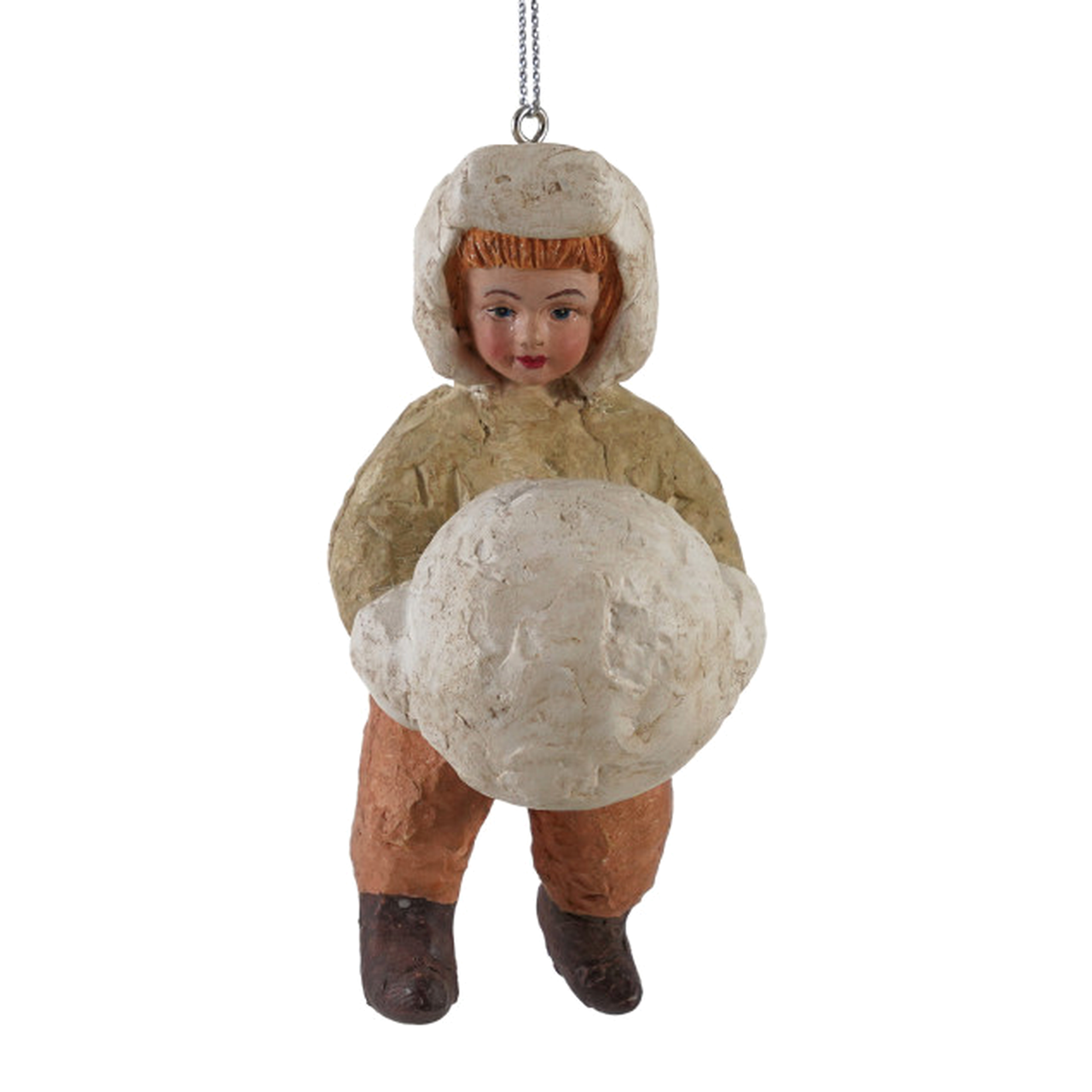 Vintage Boy Holding Snowball Paper Mache Ornament