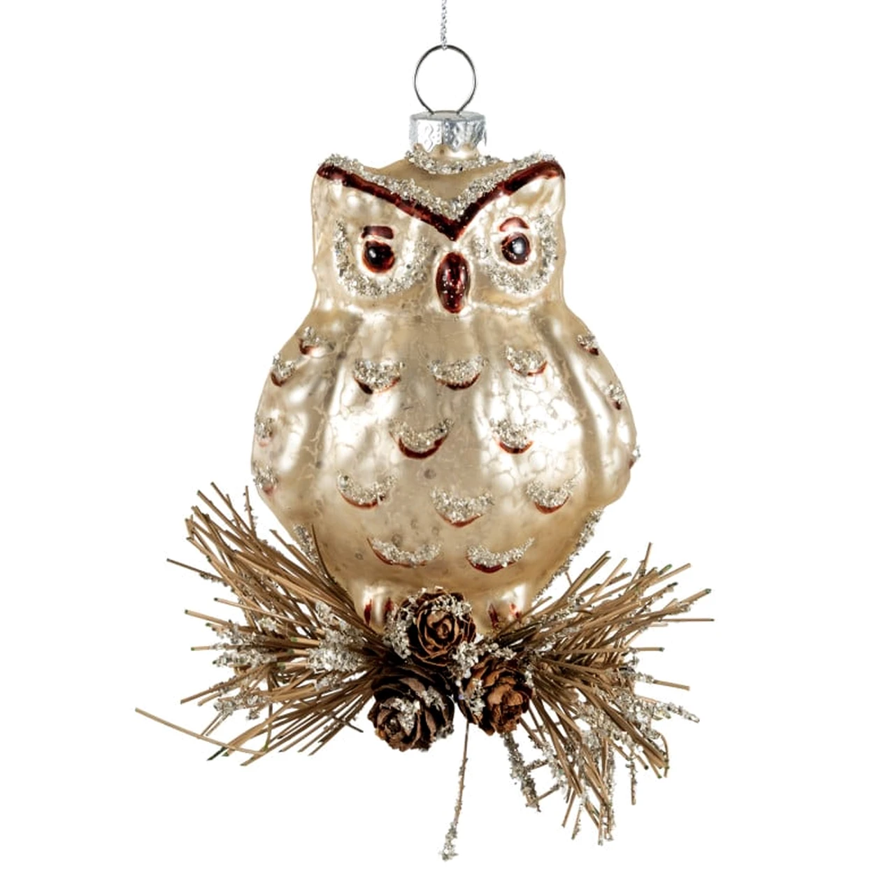 Mercury Glass Owl Ornament with Glitter & Pinecones