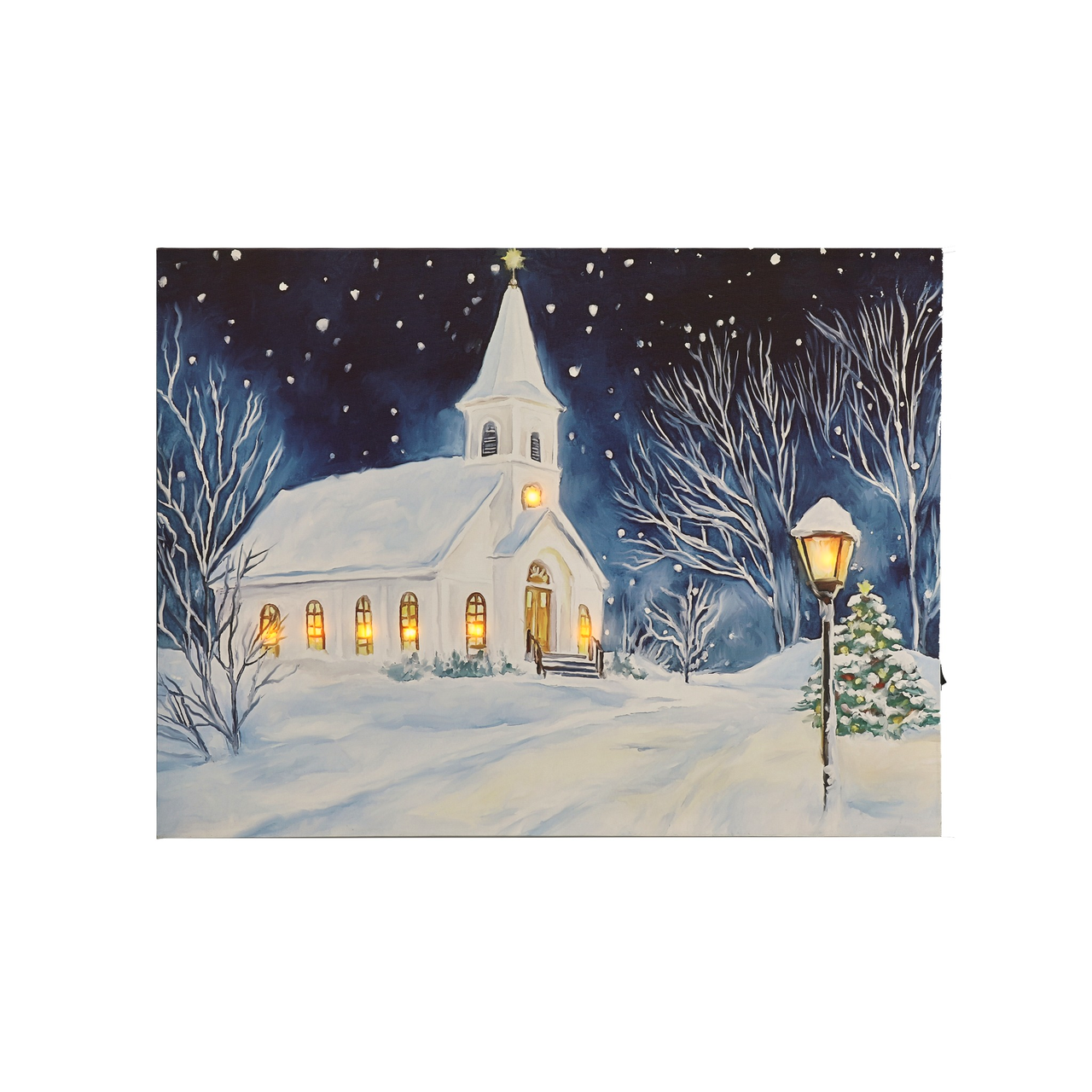 Lighted Winter Church Canvas with Lantern