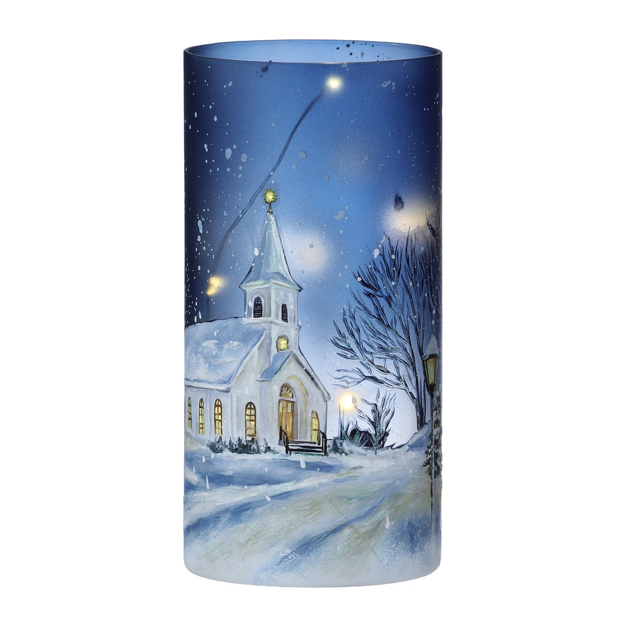 Lighted Winter Church Glass Hurricane - Lantern Design