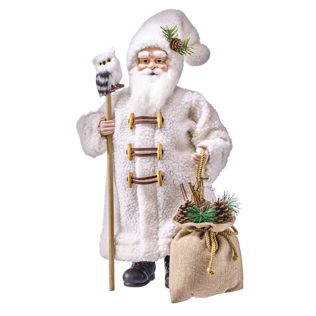 White Sherpa Santa Figure with Owl Staff