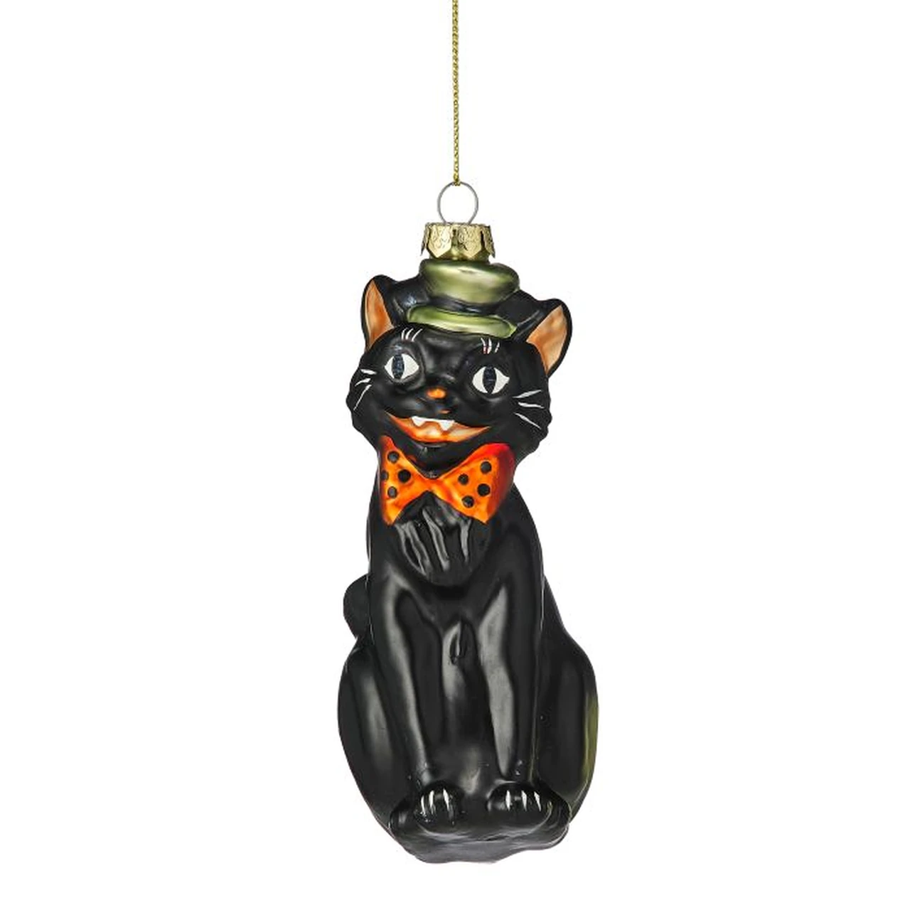 Black Cat Glass Ornament with Orange Bow Tie