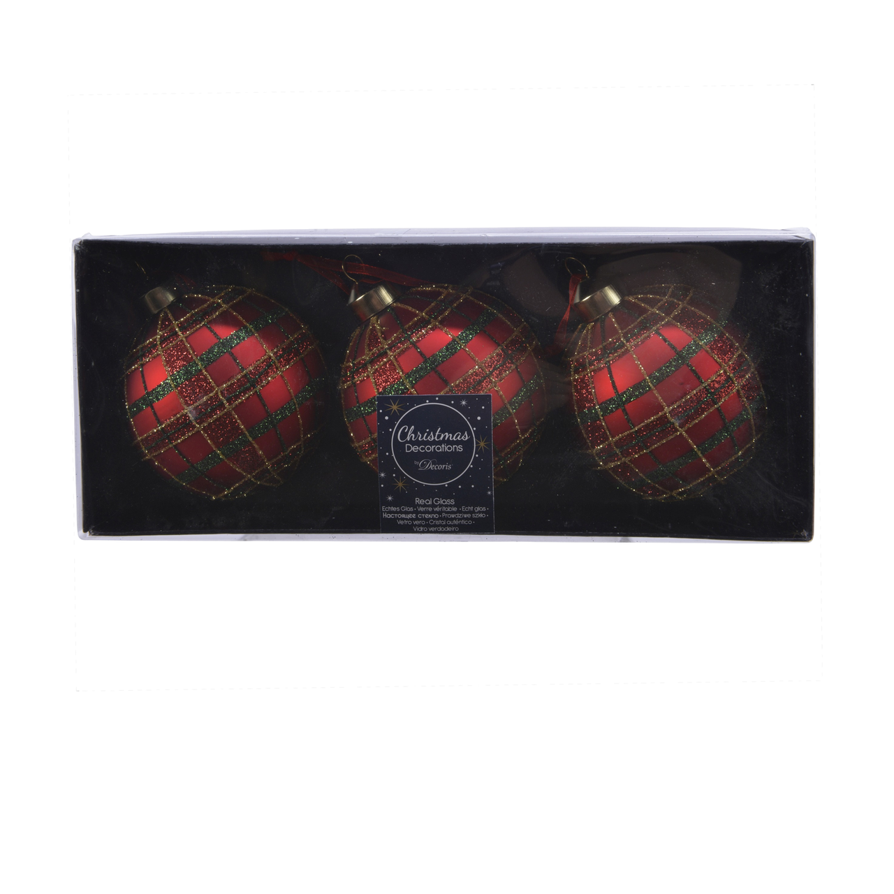 Red Glitter Check Ball Ornament Set of 3