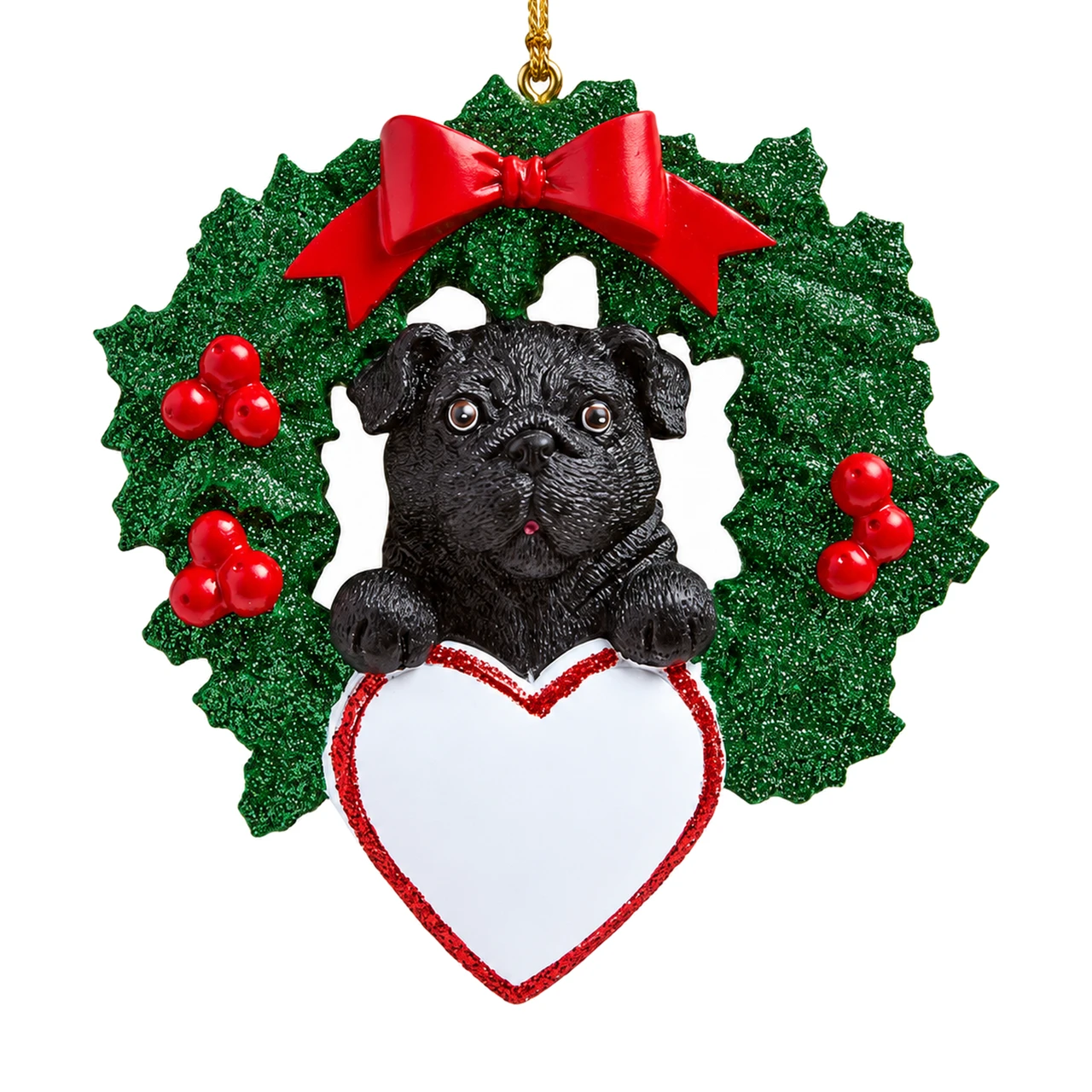 Personalized Black Pug Wreath Ornament