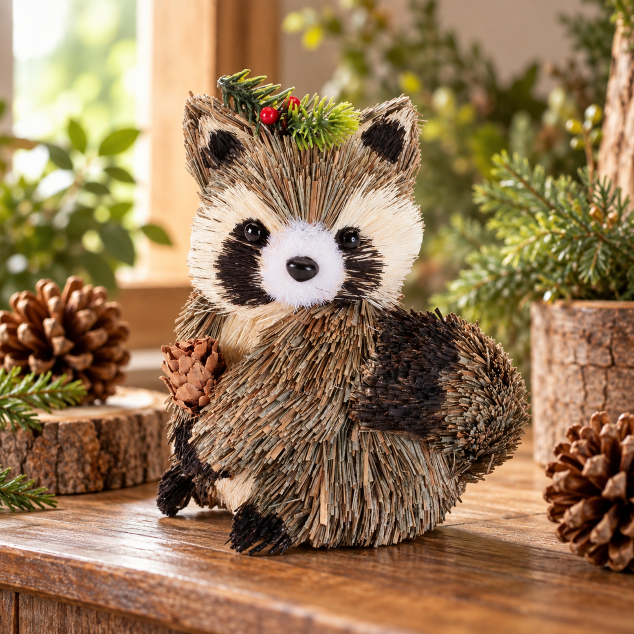 Sisal Raccoon with Holly Hat Figurine