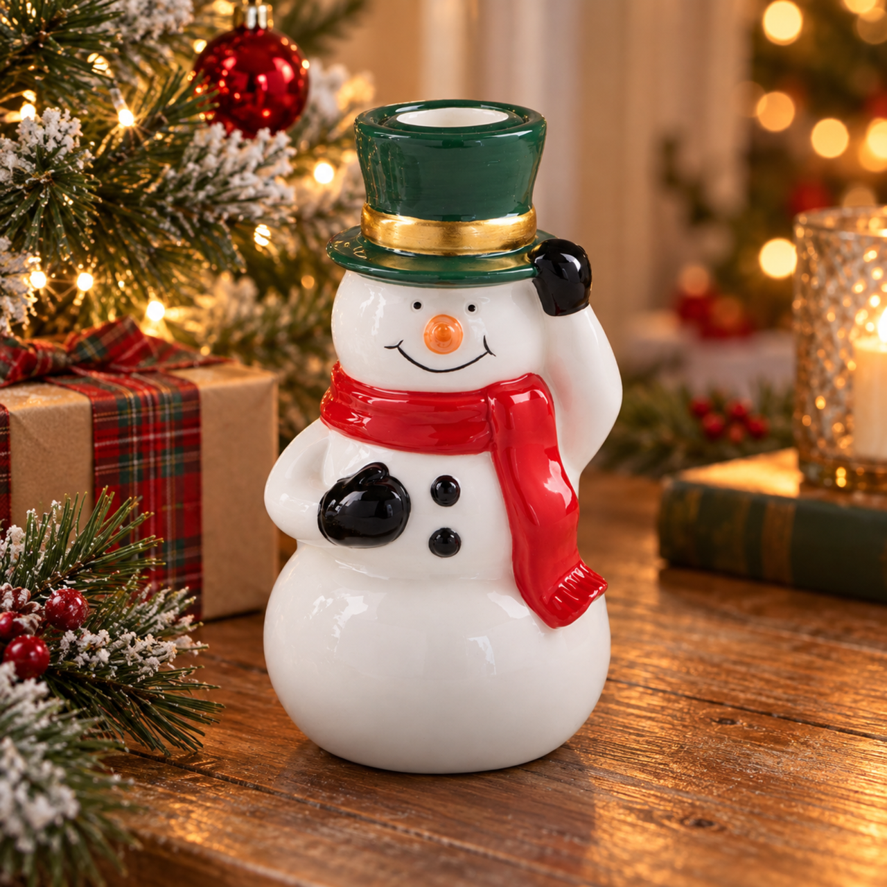 Snowman with Green Hat Taper Candle Holder