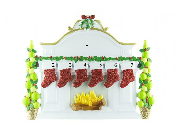 Free Personalization* Family of 6 Sparkling Red Stockings on Fireplace