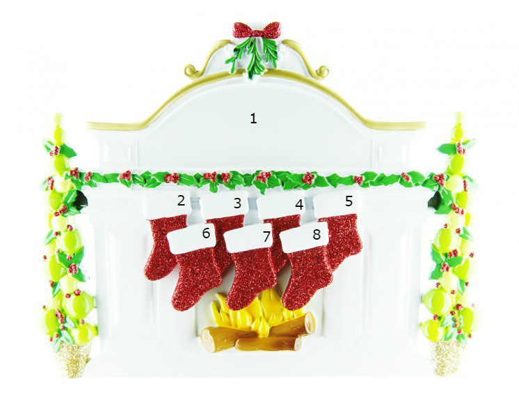 Free Personalization* Family of 7 Sparkling Red Stockings on Fireplace