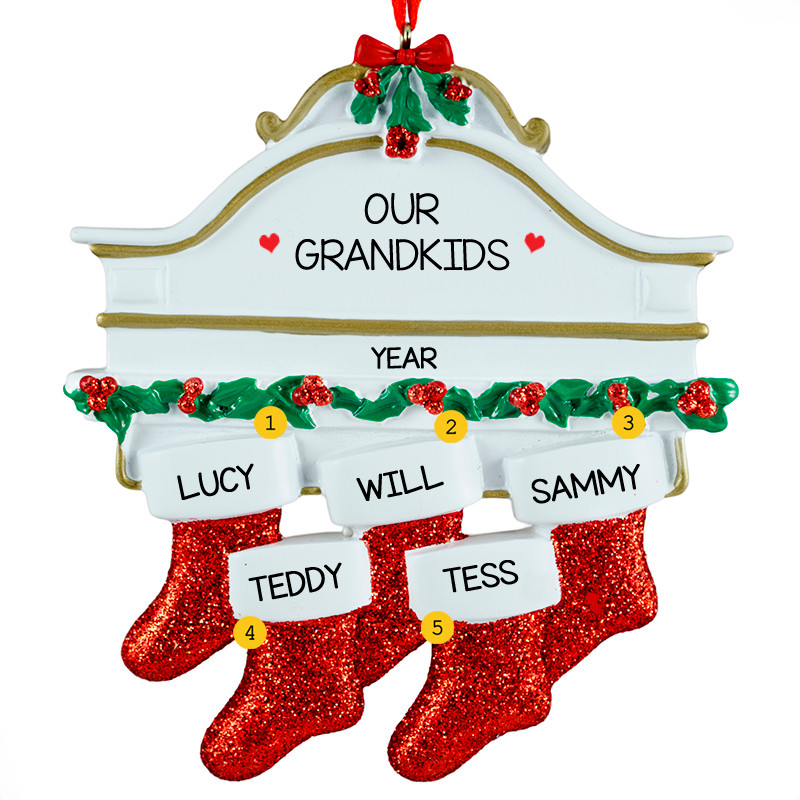 Personalized White Mantle with 5 Red Stockings Ornament