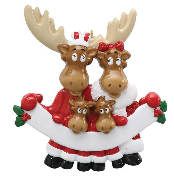 Personalized Moose Family of 4 with Banner Ornament