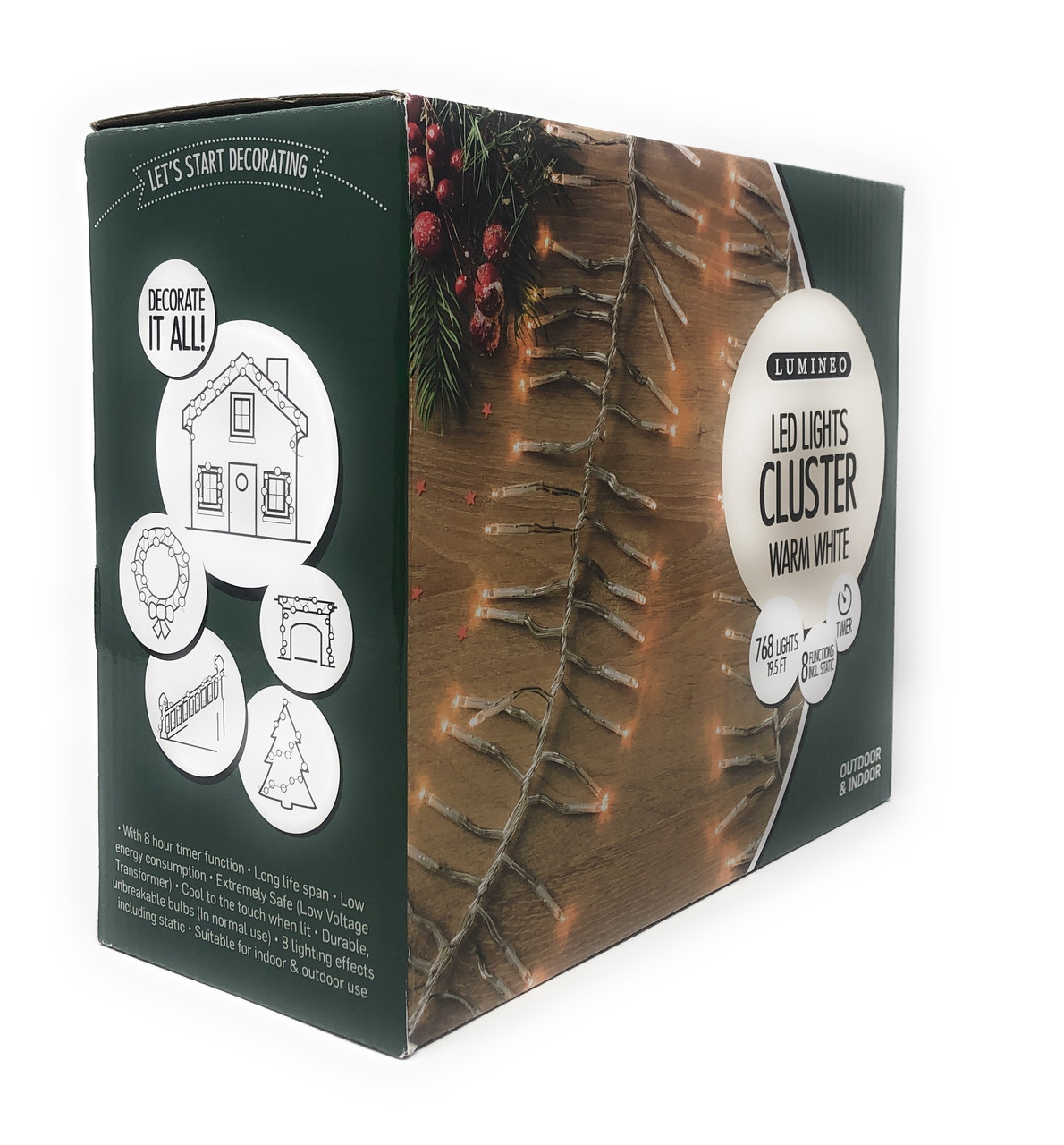 Lumineo 768 LED Warm White Cluster Light Set, Transparent White Wire 19.5 Ft