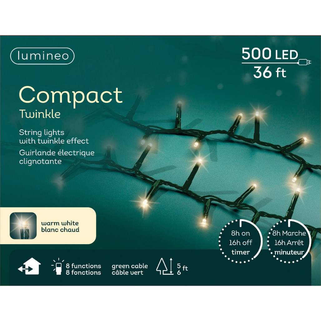Lumineo 500 LED Warm White Christmas Compact Lights Set, , Green Wire 36 Feet -2