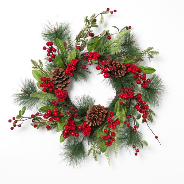 Holiday Pine with Berries & Pinecone Wreath, 24 inches