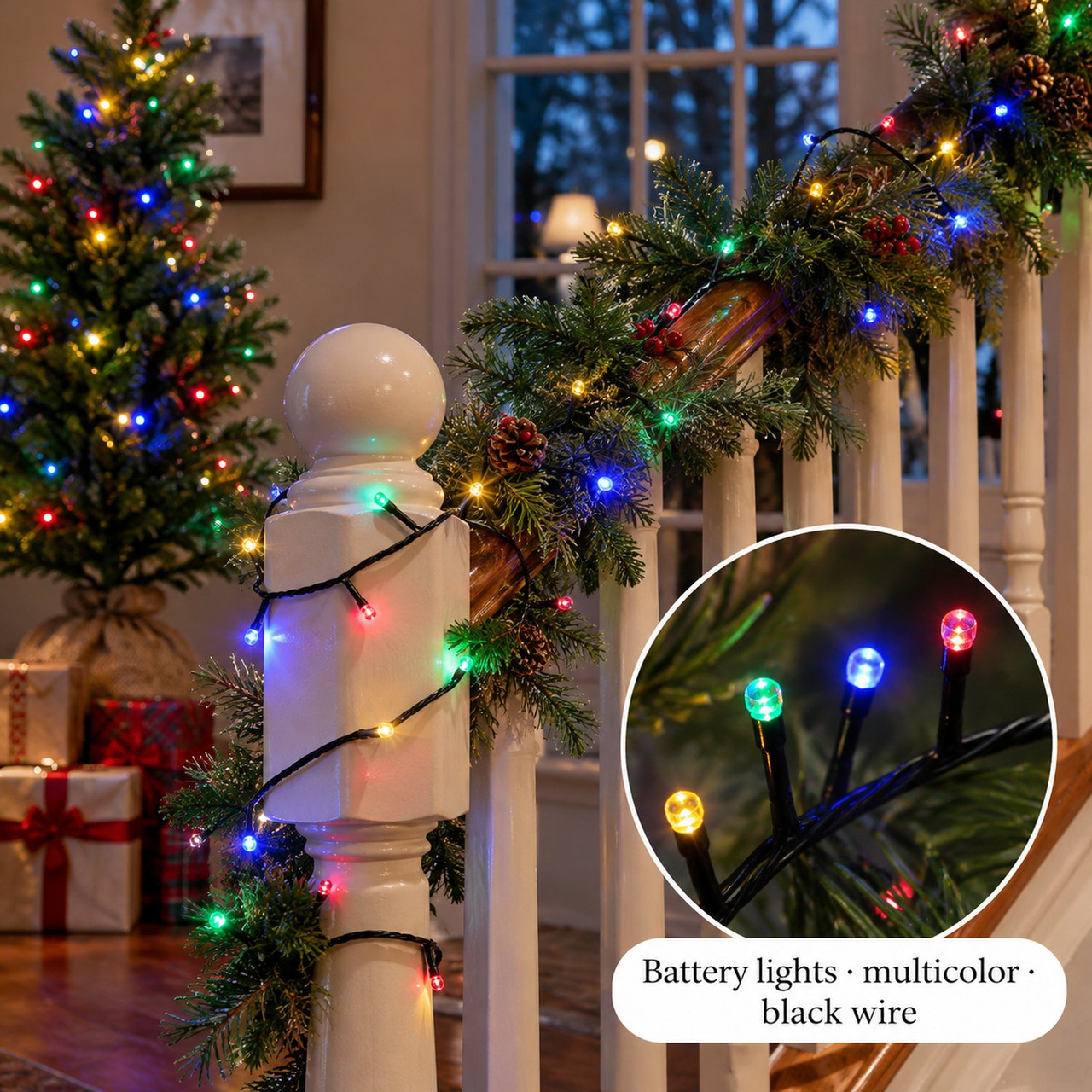 Lumineo 48 LED Multi-Colored Battery-Operated Christmas Lights Set, Black Wire 1