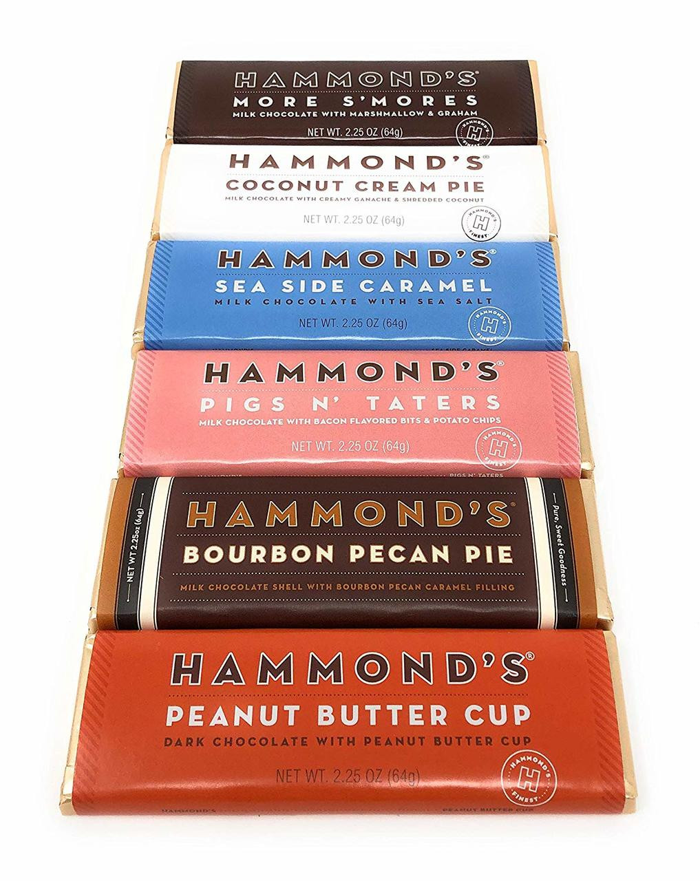 Hammond's Chocolate Candy 6 Bar Assortment, Sea Salt, Peanut Butter, Bourbon Pecan, Chocolate Bacon, Coconut, Smores