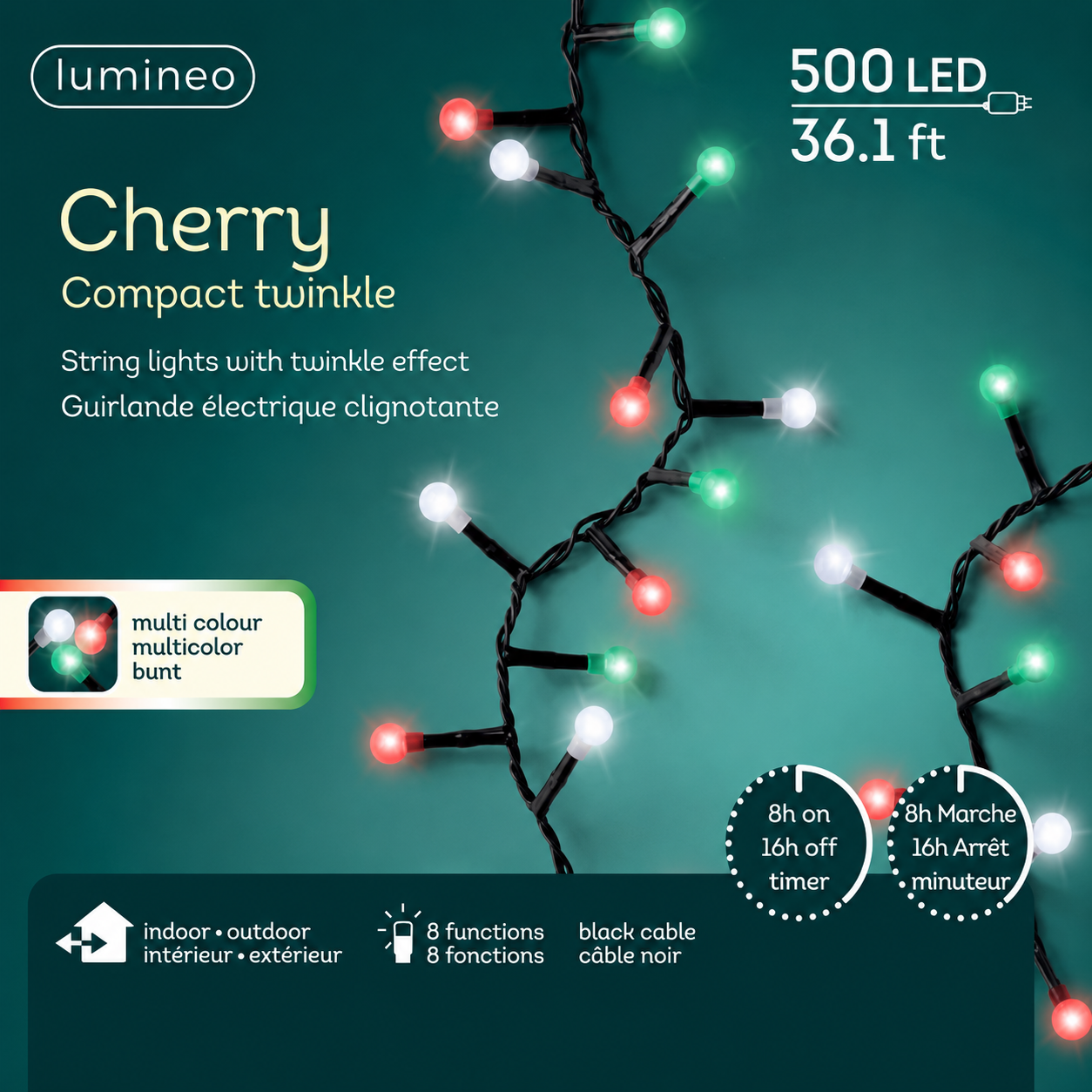 Lumineo 500 LED Multi Color Cherry Compact Twinkle Lights