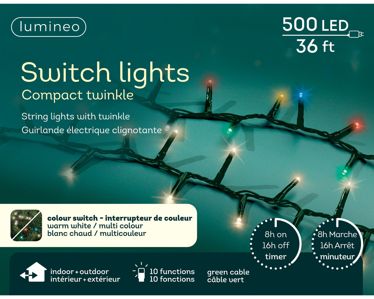 LED Color Changing Light Set - Turns from Warm White to Multi, on a Green Wire