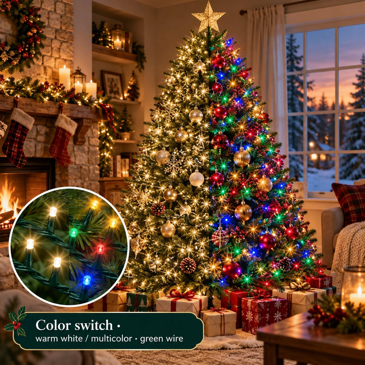 LED Color Changing Light Set - Turns from Warm White to Multi, on a Green Wire