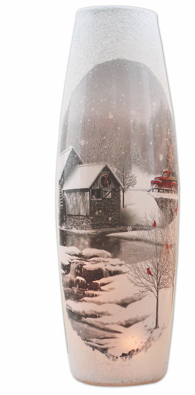 Stony Creek Countryside Mill and River scene on a Tall Lighted Glass Vase 12 inch