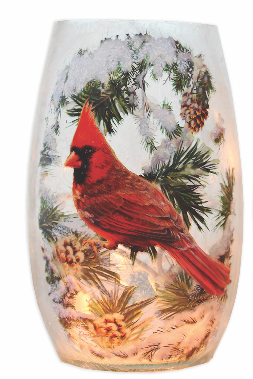 Stony Creek Red Cardinal Snowy Winter Scene on Lighted Glass Vase 5.5 Inch